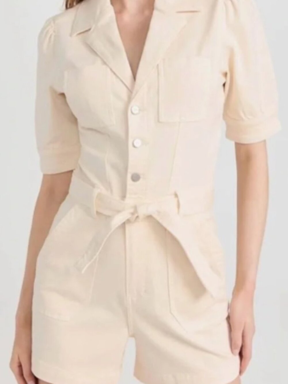 Paige Mayslie Button Front Stretch Denim Romper Puff Sleeve Quartz Sand